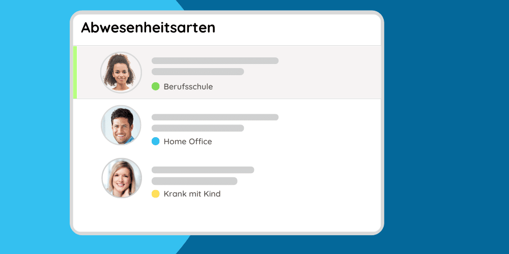 Liste mit Abwesenheitstypen wie Berufsschule, Home Office und Krank mit Kind