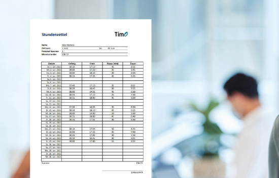 Detaillierter Stundenzettel mit Angaben zu Arbeitsbeginn, Pausen und Feierabend im Büro-Kontext.