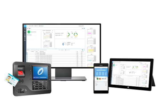 Eine digitale Stempeluhr mit Terminal und dazugehörige Software auf Monitor, Tablet und Smartphone zur Zeiterfassung