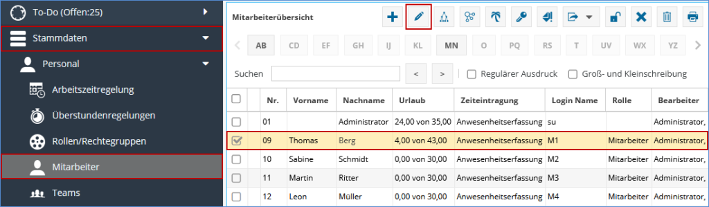 Das Bild zeigt die Mitarbeiter Stammdaten des TimO-Systems im Bild wurde ein Mitarbeiter ausgewählt rot markiert.