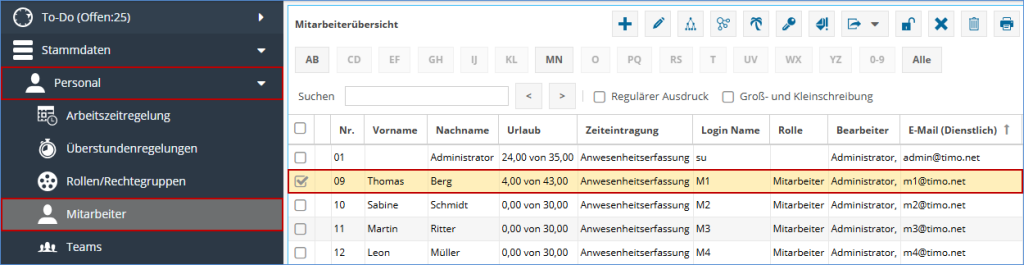 Im Bild sehen Sie die Stammdaten der Mitarbeiter in der Software TimO mit einem markierten Mitarbeiter