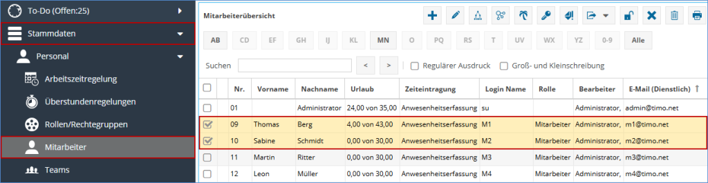 Im Bild sehen Sie die Mitarbeiterübersicht der Software TimO mit zwei ausgewählten Mitarbeitern