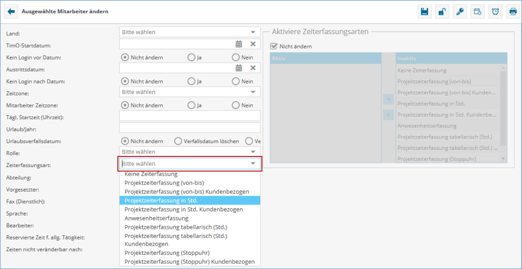 Im Bild sehen Sie die Mehrfachbearbeitung der Software TimO mit dem ausgewählten Feld "Zeiterfassungsart".