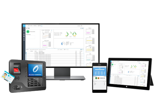 Digitale Zeiterfassung für Dienstleister mit Darstellung auf Monitor, Tablet, Smartphone und Zugangsterminal