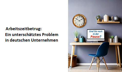 Bild aus der Arbeitszeiterfassung-Studie mit Schreibtisch, Bildschirmtext 'Sind Sie noch in der Pause?' und Fokus auf Arbeitszeitbetrug in deutschen Unternehmen.