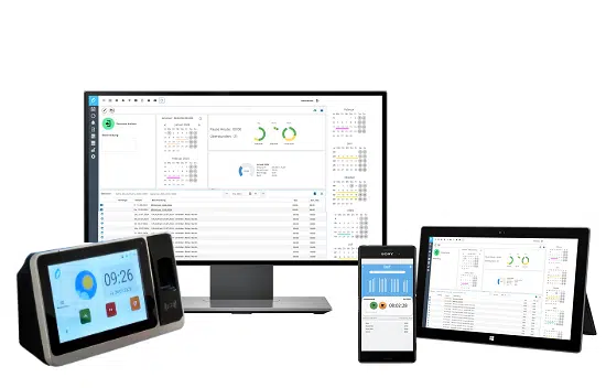 Geräte zur Zeiterfassung im Außendienst, einschließlich Zugangsterminal, Monitor, Smartphone und Tablet.